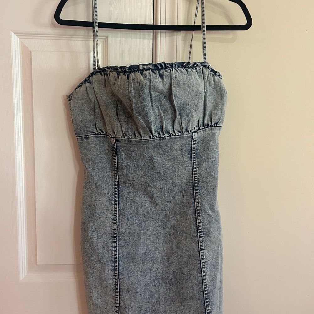 H&M Blue Ruched Sheath Dress Spaghetti Strap